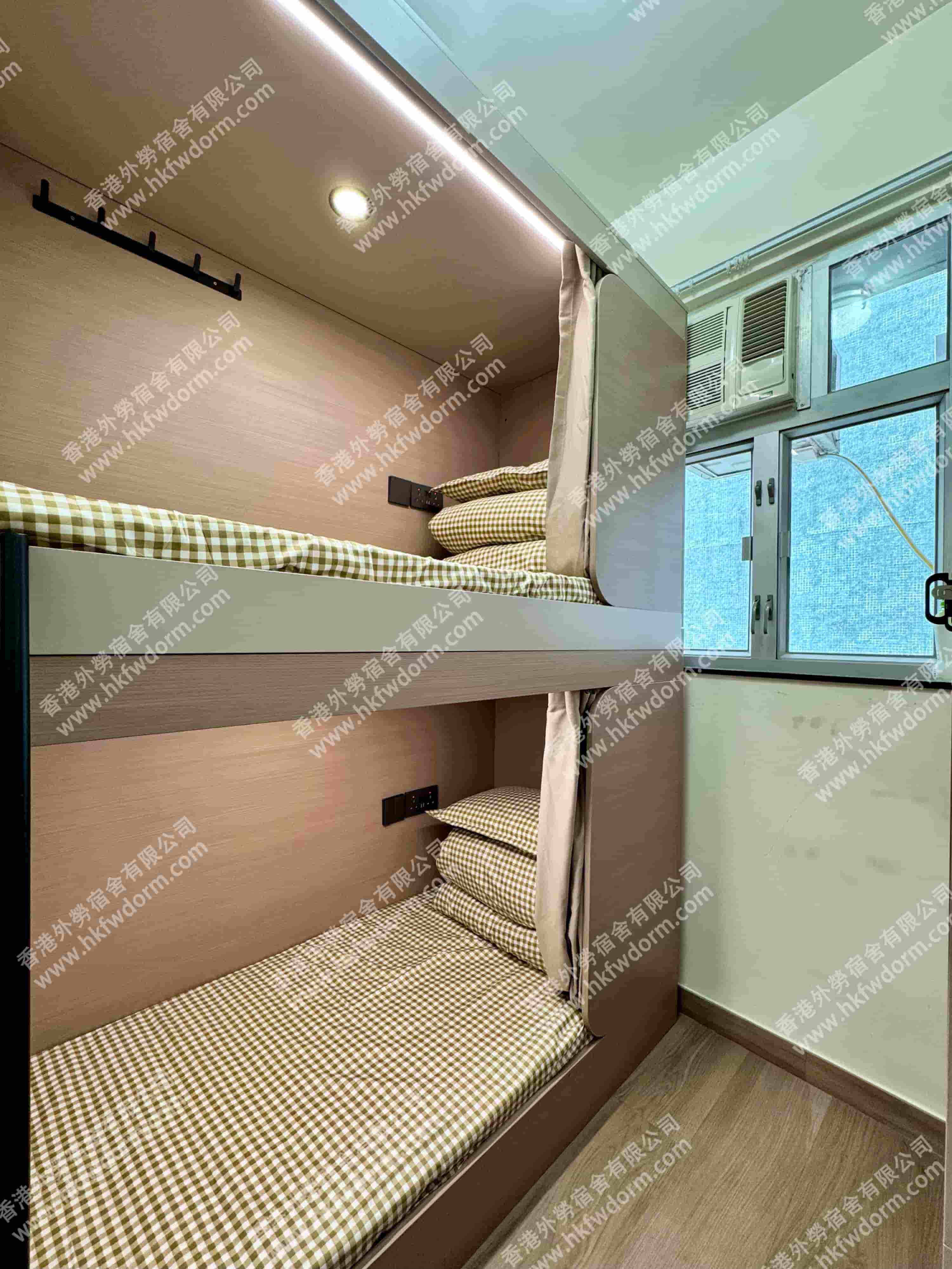 香港外勞宿舍房間細節,窗戶採光和床位配置